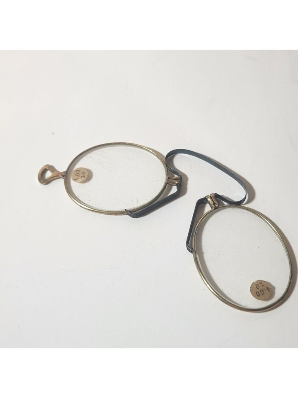 Antique Pince-Nez Spectacles Gold Tone Oval Lens Eyeglasses‎ +4.00 Strength